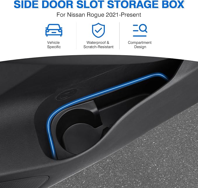 Car Door Side Storage Box and Trash Can for 2021-2025 2026 Nissan Rogue Accessories Front Door Insert Tray Organizer Door Slot Storage Protector Garbage Bin with Trash Bags 4PCS