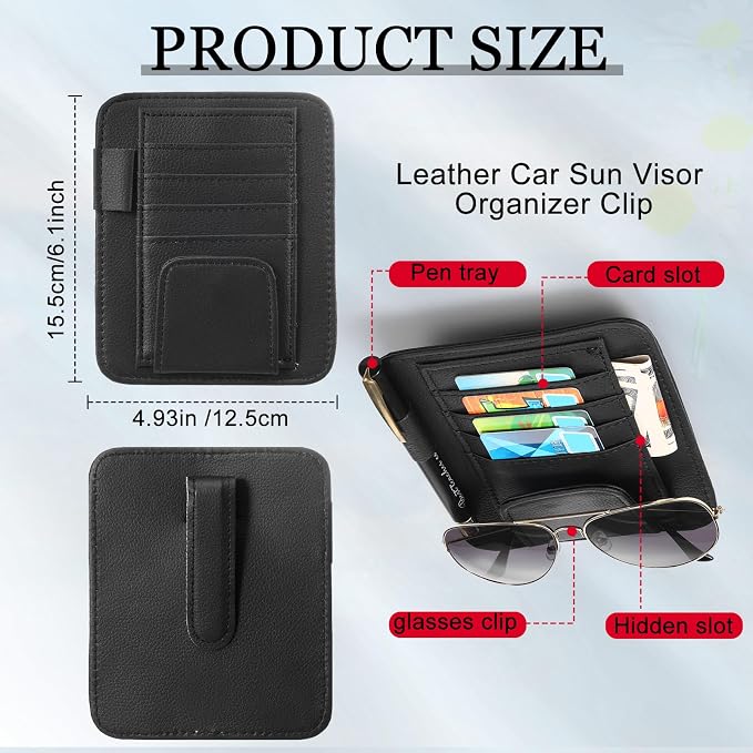2 Packs Car Sun Visor Organizer, Sunglasses Holders for Car Sun Visor PU Auto Interior Accessories Storage Travel Document Holder with Multi Pocket (6.1 x 4.93 Inches, Black)