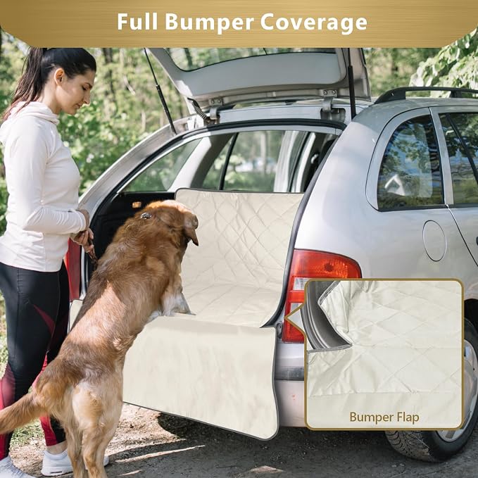 SUV Cargo Liner for Dogs, Water Resistant Pet Cargo Cover Dog Seat Cover Mat for SUVs Sedans Vans with Bumper Flap Protector, Non-Slip, Large Size Universal Fit, Beige