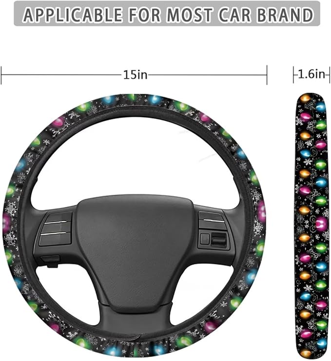 Christmas Steering Wheel Covers Xmas Lights Print Car Steering Wheel Cover Universal Fit Almost Car Non-Slip Steering Wheel Covers Soft Sweat Absorbing Steering Wheel Protector Cover