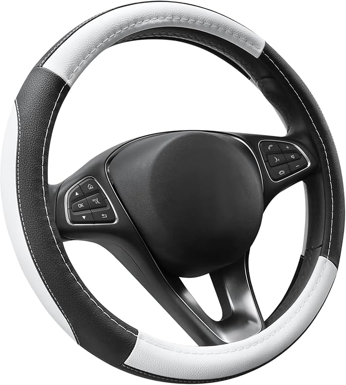 Car Steering Wheel Cover Universal Standard Size 14.5-15 inch, Black and White Microfiber Leather
