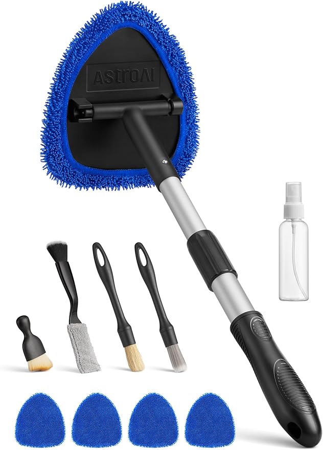 8pcs Windshield Cleaner Tool, Car Interior Detailing Kit with AC Vent Brush, 3 Cleaning Brushes, 4 Microfiber Pads and Spray Bottle, All-Inclusive Cleaning Solution, Car Accessories, Blue