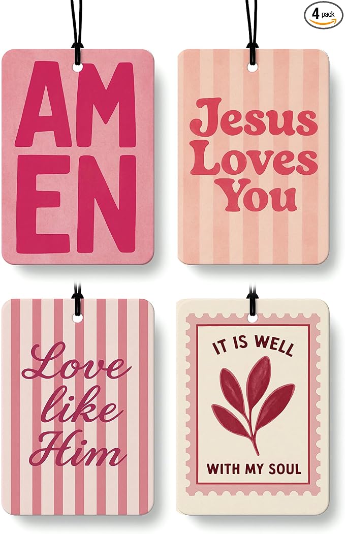 Pink Boho Christian Car Air Freshener 4 Pcs for Women Girls | Religious Car Accessories Mirror Decor, Pink Christian Hanging Air Freshener for Cars Closet Drawer Books