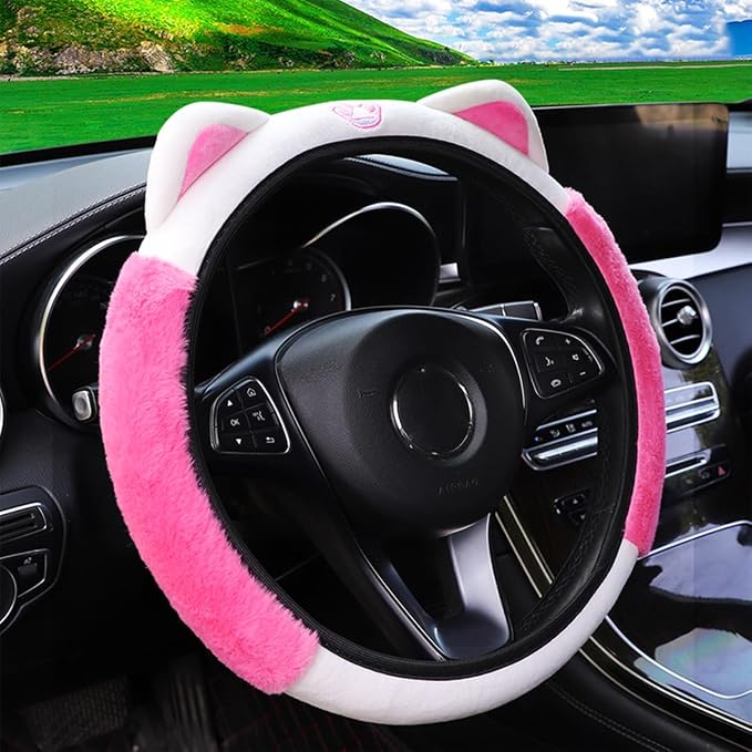 Car Steering Wheel Cover, Fluffy Soft Plush for Winter Warm, Cute Steering Wheel Protector with Kitty Cat Ears, Universal 15 Inch, Elastic & Anti-Slip, Lovely Decor Car Accessories (Rose Red)