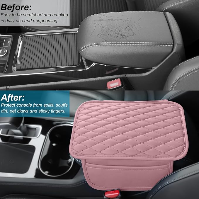Car Center Console Cover, Upgraded Microfiber Leather Car Arm Rest Cover with 2 Storage Bags Universal Armrest Cover for Car Storage Box Car Interior Accessories Protector for Most Vehicle-Pink