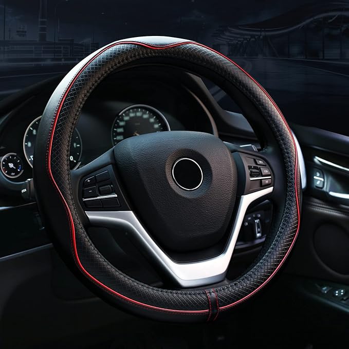 Steering Wheel Covers Universal 15.75 inch - Genuine Leather, Breathable, Anti Slip & Odor Free (Black with Red Lines, L(15" 1/2-16"))