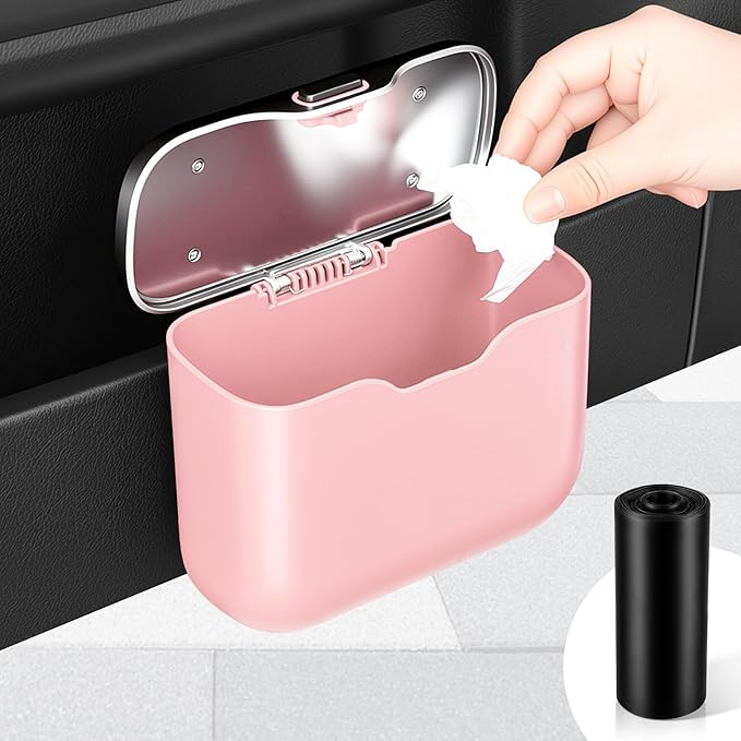 Car Trash Can, Car Garbage Bin with Lid & Handle - Leak-Proof Mini Trash Can for Car, Truck, SUV - Essential Car Accessories for Organization (Pink)