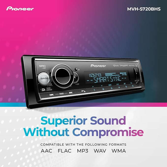 MVH-S720BHS 1-Din Digital Media Receiver – Bluetooth, SiriusXM, Color Change, HD Radio, USB, FLAC, Voice Control, 50W x 4 Output, 13-Band EQ, AM/FM Radio, Hi-Volt RCA Preouts