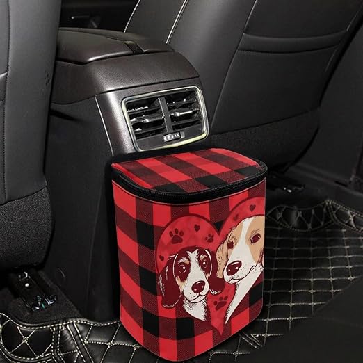 Dog Paw Scottish Tartan Print Car Trash Can with Lid, Leak Proof Auto Trash Bag Hanging Vehicle Garbage Can Multipurpose Storage Container for Back Seat Road Trip