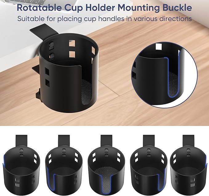 Deeper Desk Cup Holder, Anti-Spill Cup Holder for Desk or Table, Sturdy and Durable, Easy to Install, Enough to Hold Coffee Cups, Water Bottles, Gaming PC Office Accessories, Black