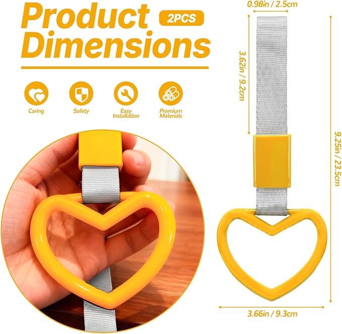 2 Pcs Heart Shaped Car Handle Strap – JD M Drift Charm Rear Bumper Warning Ring Decor for Car Interior Exterior, Subway Bus Handle Accessory, Cute Heart Car Decor Gift for Drivers (Yellow-Silver)
