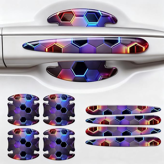 8PCS Car Door Handle Scratch Protectors,3D Patterned-Marking，Anti Scratch, Automotive Door Handle Paint Protective Film Cover Accessories, Universal for Most Cars (Colorful)