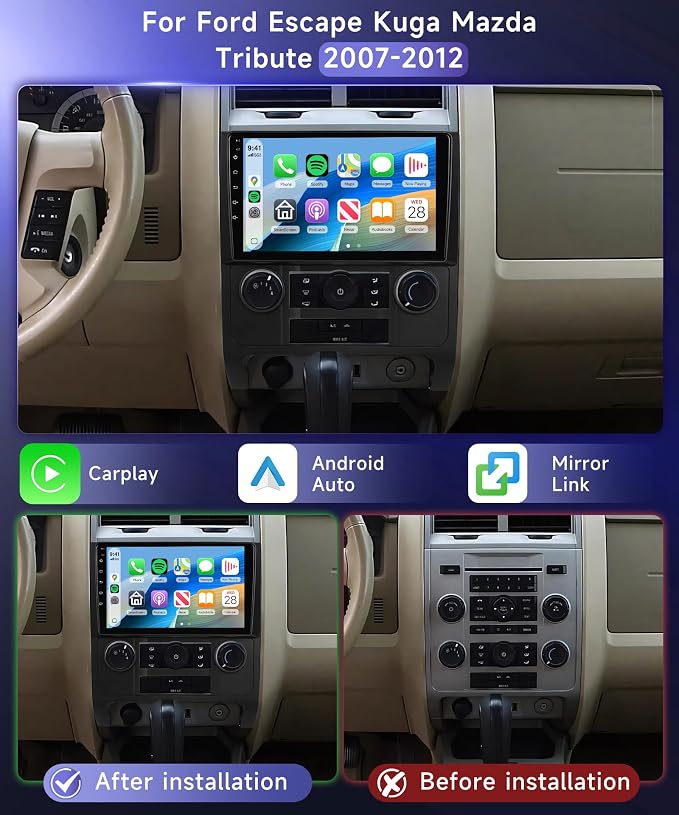 4G+64G Car Radio Stereo for Ford Escape Kuga Mazda Tribute 2007-2012, 9" IPS Touch Screen/Android 15/Wireless CarPlay/Android Auto/32 EQ/GPS/WiFi/5.0Bluetooth/FM/RDS/SWC/AHD Backup Camera