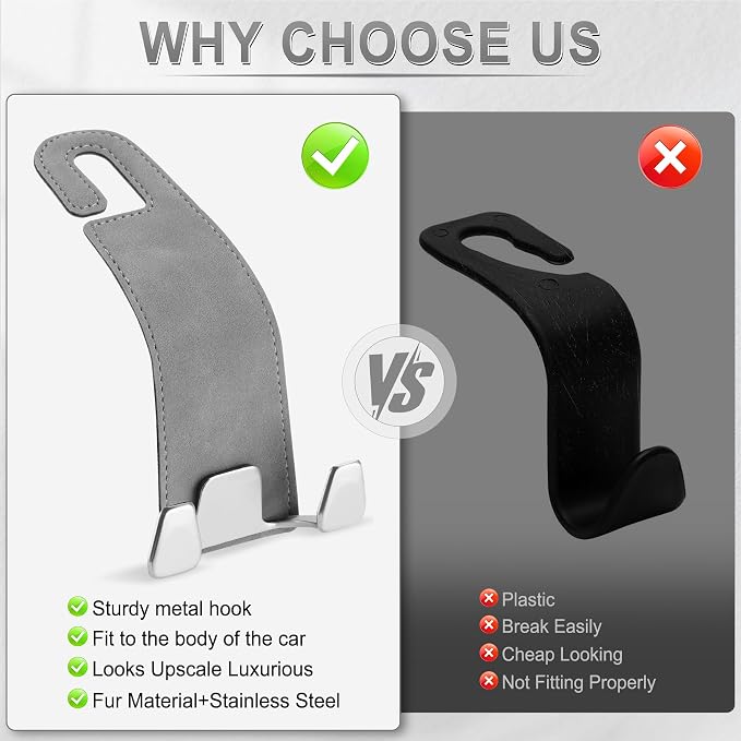 Car Seat Headrest Hook, Premium Suede Double Hook 2 Pack, Universal Hanging Accessories for Purse, Bag, Groceries - Car Interior Accessories (Gary)