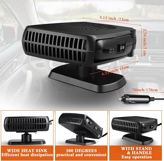 3 Pcs Portable Car Heater 150W 12V Car Heater Plug in Cigarette Lighter Defroster for Windshield 360 Degree Rotation Heating and Cooling Fan Auto Demister Cooling Air Circulator