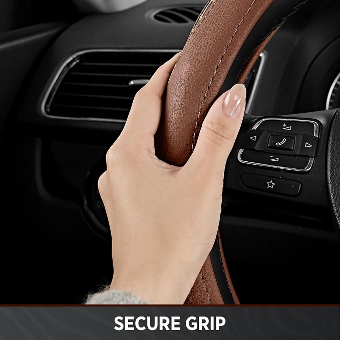 Steering Wheel Cover - Flat Bottom Wheel Cover Made with PVC Leather and Leopard Fabric - Universal Fit for 15-Inch D-Shaped Automotive Steering Wheels (Brown Color)