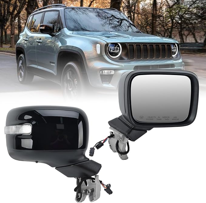 Right Passenger Side Mirror Compatible with Jeep Renegade 2015 2016 2017 2018 2019 2020 2021 2022 Door Mirrors Power Heated with Turn Signal Indicator Temperature Sensor Bright Black (7+2 pins)