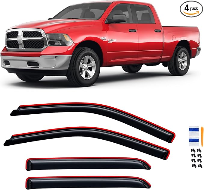 in-Channel Rain Guards for 2009-2018 Dodge Ram 1500 Crew Cab, 2010-2025 Ram 2500 3500 Crew & Mega Cab, 2019-2024 Ram 1500 Classic Crew Cab, Window Visor Shields Vent Deflector Shade Wind Dark Smoke