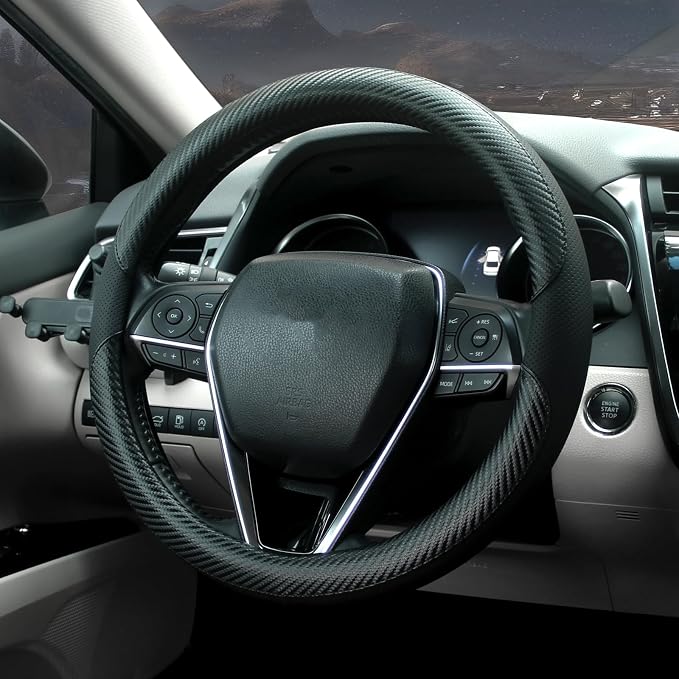 Steering Wheel Cover Universal Standard Size 14.5-15 inch, Breathable Microfiber Leather, Anti-Slip, Non-Folding Packaging, Fits Most Cars SUVs Trucks, Black with Carbon Fiber