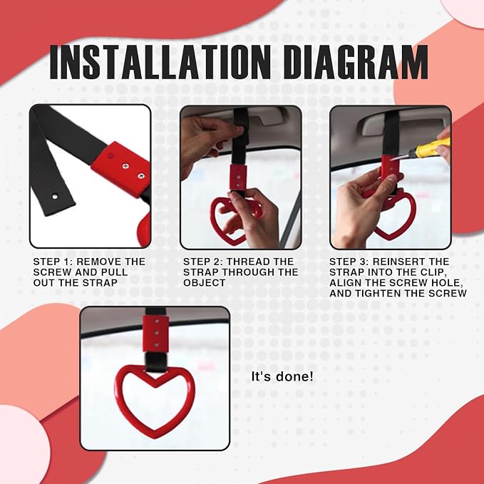 2PCS Heart Shaped Car Handle Straps, Rear Bumper Warning Keychain Ring Charm for Car Exterior Accessories (Red)