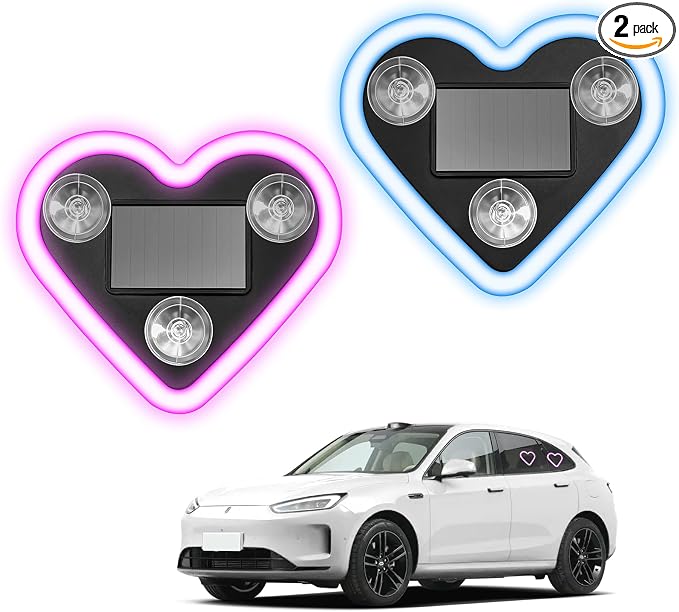 Heart-Shaped LED Neon Light | Solar and USB Rechargeable | 1 Pcs Pink & 1 Pcs Blue Car Interior Lights with Suction Cups | 40 High-Brightness LEDs Car Ambient Light, 5 Modes