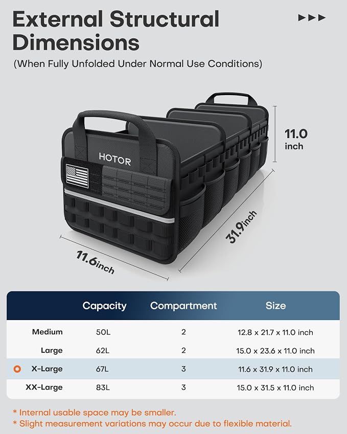 Tactical Car Trunk Organizer - Foldable Trunk Organizer for SUV with Front MOLLE Pocket & Reflective Strips, Essential Car Accessories for Tools & Outdoor Storage, 11.6" x 31.9" x 11.0", Black