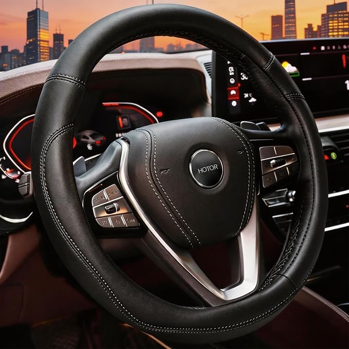 Car Steering Wheel Cover - Universal Car Accessory for Diverse Cars, Leather Cover with Anti-Slip Lining, for Steering Wheel with a Diameter of 14.5"-15",Black