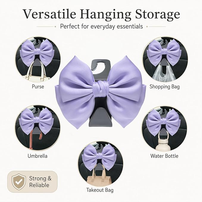 2 Pack Car Purse Hooks, Cute Bow Car Seat Headrest Hook Hanger for Purses and Bags, Space-Saving Car Accessory (Light purple)