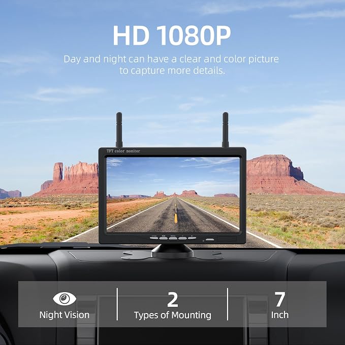 Wireless Backup Camera with 7” DVR Monitor for Trucks, 2 Channels, HD1080P Front/Rear View Camera with Night Vision, IP69K Waterproof, DIY Reserving Lines for Pickup, Car, Van, Trailer (AWTL7)