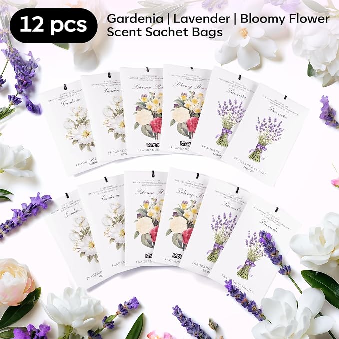 12 Packs Scented Sachets for Drawer and Closet, Long-Lasting Potpourri Bags Closet Air Freshener Home Fragrance Sachet 3 Scents Options- Lavender, Bloomy Flower, Gardenia