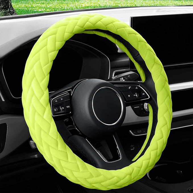 YHONGJT Soft Velvet Steering Wheel Cover 15 Inch Universal Fit for Women Girls, Cute Hands Warm Fuzzy for Vehicles, Sedans, SUVs, Vans, Trucks - Neon Green