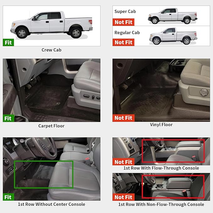 Floor Mats for Ford F-150 2011-2014 SuperCrew 1st Row Bench Seating Carpet Floor, All Weather Protector Car Liners TPE Truck Mats, Front & Rear Rows, 3pcs Black