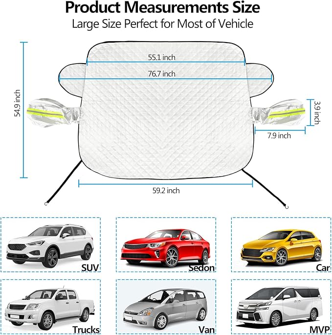Magnetic Car Windshield Cover for Ice and Snow 4 Layers Automotive Windshield Snow Covers 9 Magnetic Anti Frost Guard for Most Cars SUVs Trucks Pickup (65"x50")