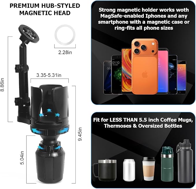 Frani Car Cup Holder Expander with Magnetic Phone Mount | Adjustable Insert Fits 2.68-4.33" Holders, 360° Adjustable Neck, Strong N52 Magnets, iPhone Samsung Compatible