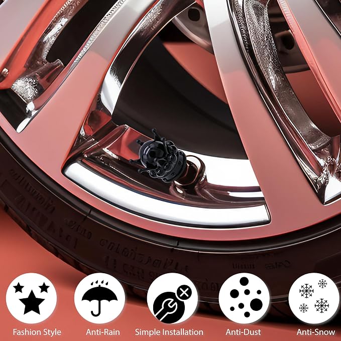 4PCS Crown Bling Tire Stem Valve Caps, Crystal Diamond Tire Air Cap Set Universal Copper Core Stem Covers for Cars, SUV, Trucks, Bikes, Motorcycles, Bicycles (Black & Black)