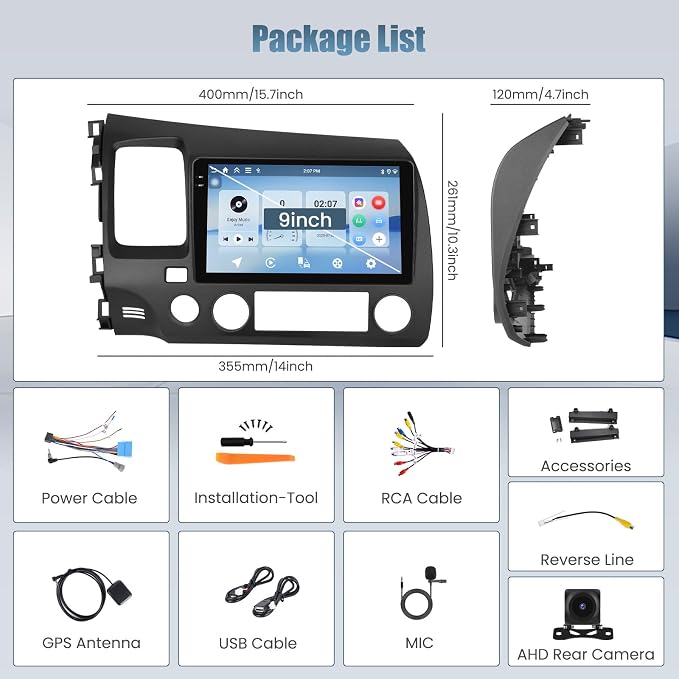 4+128G 9" Car Radio for Honda Civic 2006 2007 2008 2009 2010 2011 | Touch Screen Wireless CarPlay/Android Auto, 5GHz WiFi, Bluetooth 5.0, EQ, GPS Navigation, 1280 * 720, Backup Camera