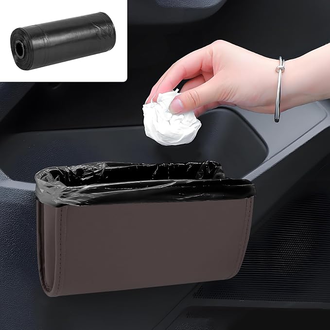 Car Trash Can, Leather Waterproof Automotive Garbage Can with Trash Bag, Hanging Mini Vehicle Trash Bin, Small Auto Door Organizer Storage Pouch, Universal Car Accessories (Brown)