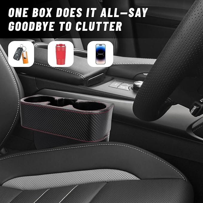 Car Seat Gap Filler Organizer, PU Leather Auto Front Seat Organizer Console Side Filler w/Cup Holder, Multifunctional Bottle Phone Holder Crevice Fillers for Most Car (Carbon Fiber Pattern)