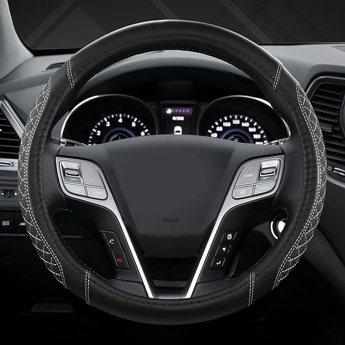 Customized Auto Car Steering Wheel Cover for Hyundai,Tucson,Sonata,Elantra,Santa Fe,Genesis,Sonata Hybrid,Azera,Venue,Kona, 14.5-15 inches(Diamond Quilted-Black+Gray-Standard Size)