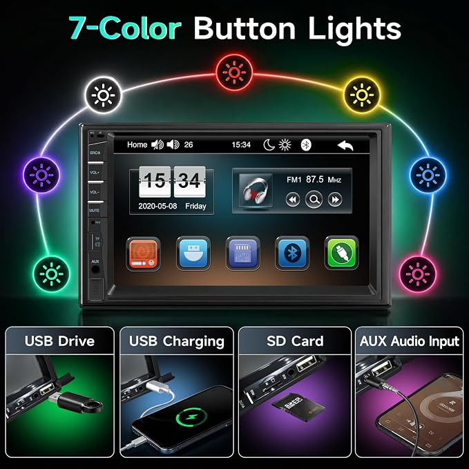 Car Stereo Double Din Radio with Bluetooth, Car Radio Touchscreen 7 Inch MP5 Player Car Stereo with Backup Camera Bluetooth, Mirror Link, FM/SWC/USB/SD/AUX, Car Audio Receivers with Subwoofer
