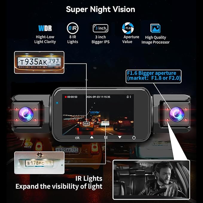 4 Channel Dash Cam Front and Rear Cabin, 360 Dash Camera, Night Vision 8 IR Lamps for Cars, 5G WiFi for Download, G-Sensor, 24H/7 Parking Mode with 64GB Card, Support 256 GB Max