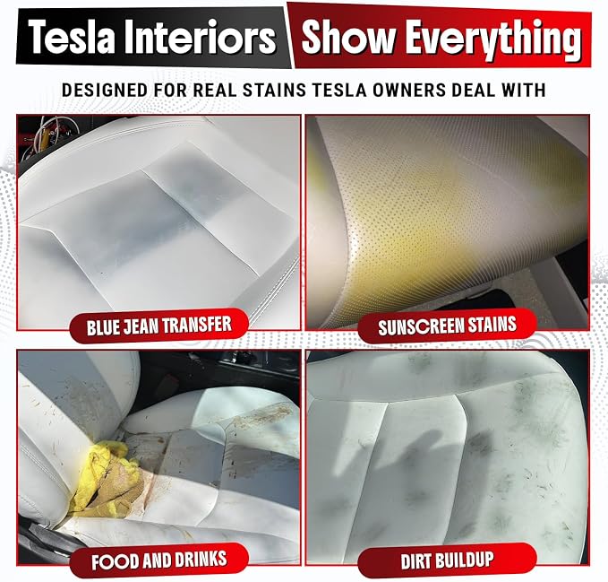 Tesla Interior Cleaner - White Seat & Stain Remover for Model 3, Y, X, S - Safe on Vegan Leather - Removes Dirt, Oils & Light Stains - No Residue - Light Citrus Scent - 16oz Kit