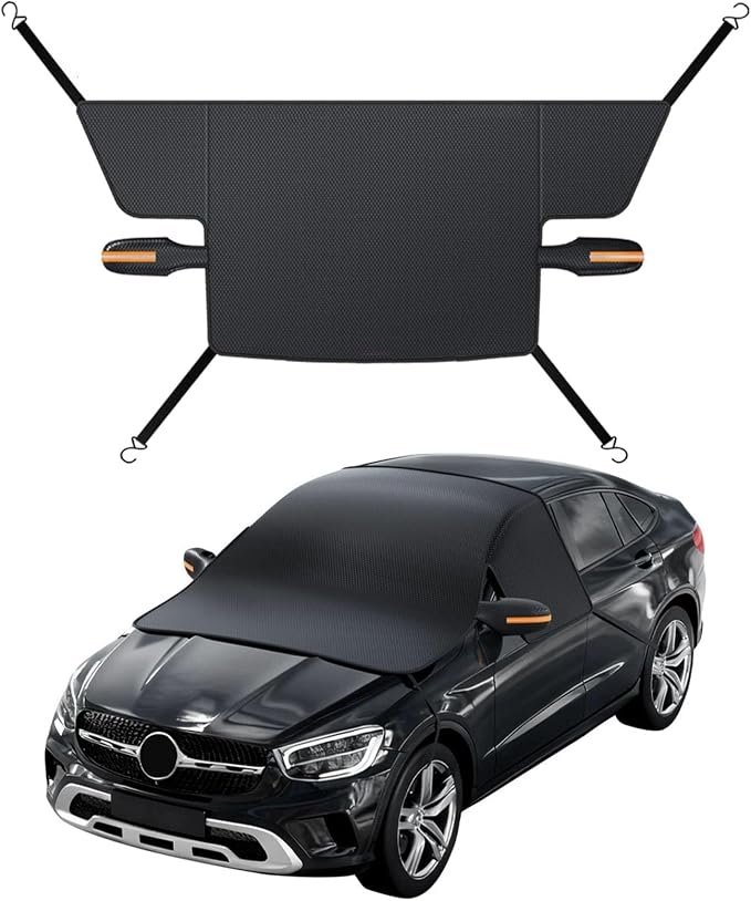 Windshield Cover for Ice and Snow, Winter Summer Sunshade with Thickened 600D Oxford Fabric, Universal Car Frost Shield Snow Cover Windshield Protector Yellow Earmuffs with Four Straps