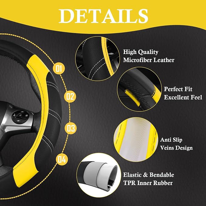 Leather Steering Wheel Cover and Waterproof Car Floor Mats,Microfiber Universal Car Combo Fit for 95% Sedan SUV Van Truck,14.5-15 inch Sporty Anti-Slip Safety Comfortable Design, Black＆Yellow