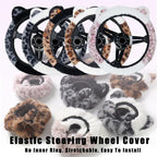 Leopard Fluffy Car Steering Wheel Cover with Keychain 14-15 inch Gray Black | Cute Steering Wheel Covers with Ears Keychain Universal Elastic Steering Wheel Protector Accessories for Women Girls