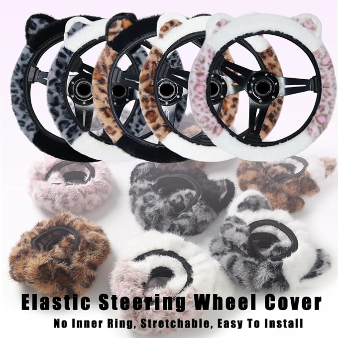 Car Steering Wheel Cover Fluffy Leopard Steering Wheel Accessories Black | Steering Wheel Covers with Cute Ears Keychain 14-15 inch Universal Elastic Steering Wheel Protector for Women Girls