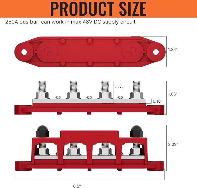 Bus Bar 12V 250A Power Distribution Block 4 x 3/8" Studs Marine Bus Bar 12 Volt Battery Busbar Terminal Block for Automotive, Car, Boat, Solar Wiring - Negative&Positive