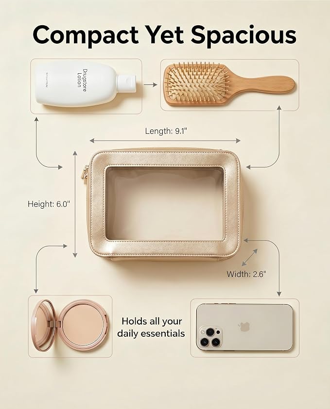Clear Makeup Bags for Travel, TSA Approved Toiletry Bag with Zipper, Clear Cosmetic Organizer Fit Carry-on Beach Essentials for Women Men (O-Gold)