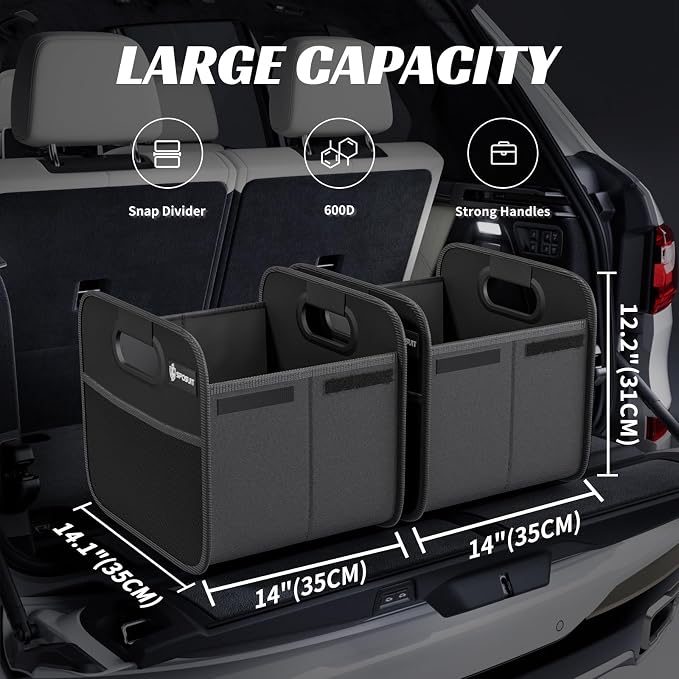 Trunk Organizer for Car - Collapsible Split Trunk Storage with Reinforced Handles, SUV Trunk Organizers for Grocery Cargo(Black, 2Pack)