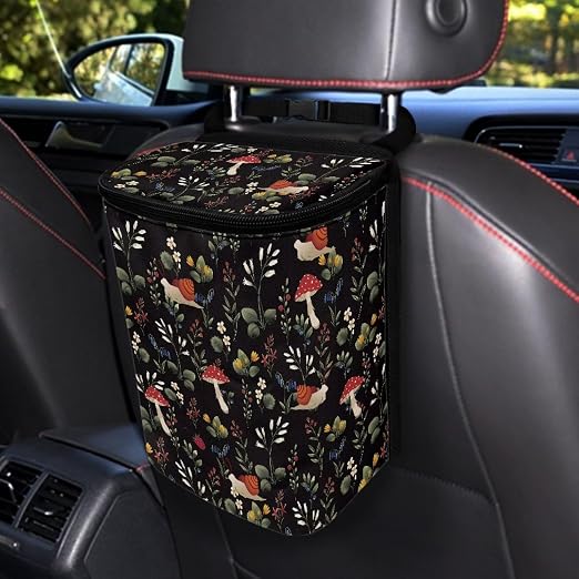 Mushroom Snail Flower Print Car Trash Can with Lid, Leak Proof Auto Trash Bag Hanging Vehicle Garbage Can Multipurpose Storage Container for Back Seat Road Trip